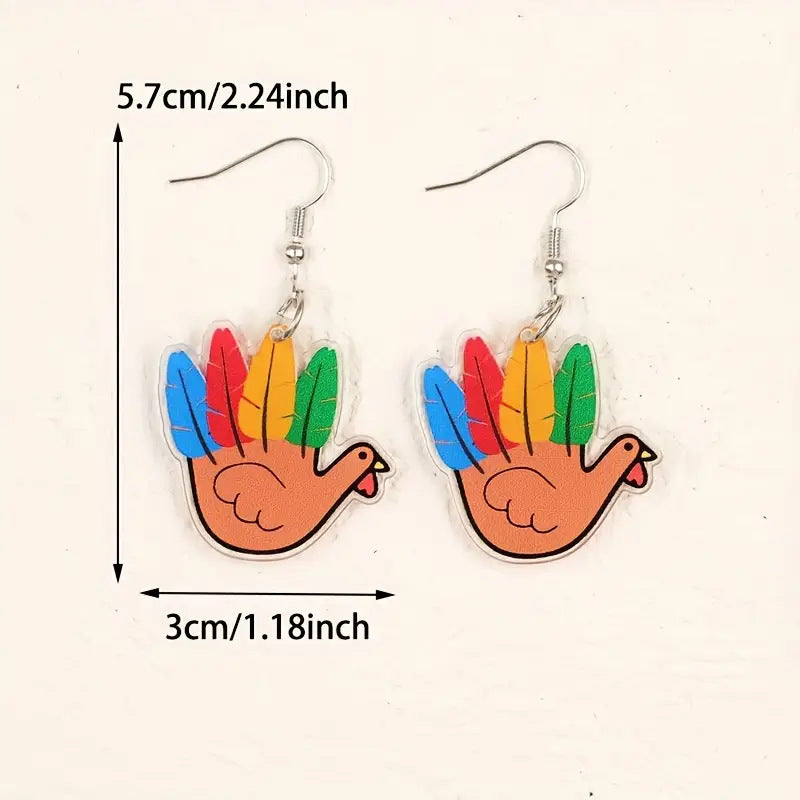 Colorful Feather Turkey Thanksgiving Acrylic Drop Earrings