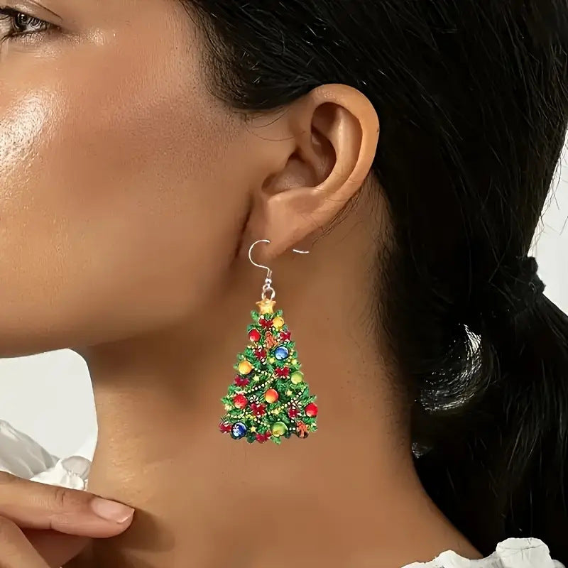 Colorful Flat Christmas Tree Acrylic Drop Earrings
