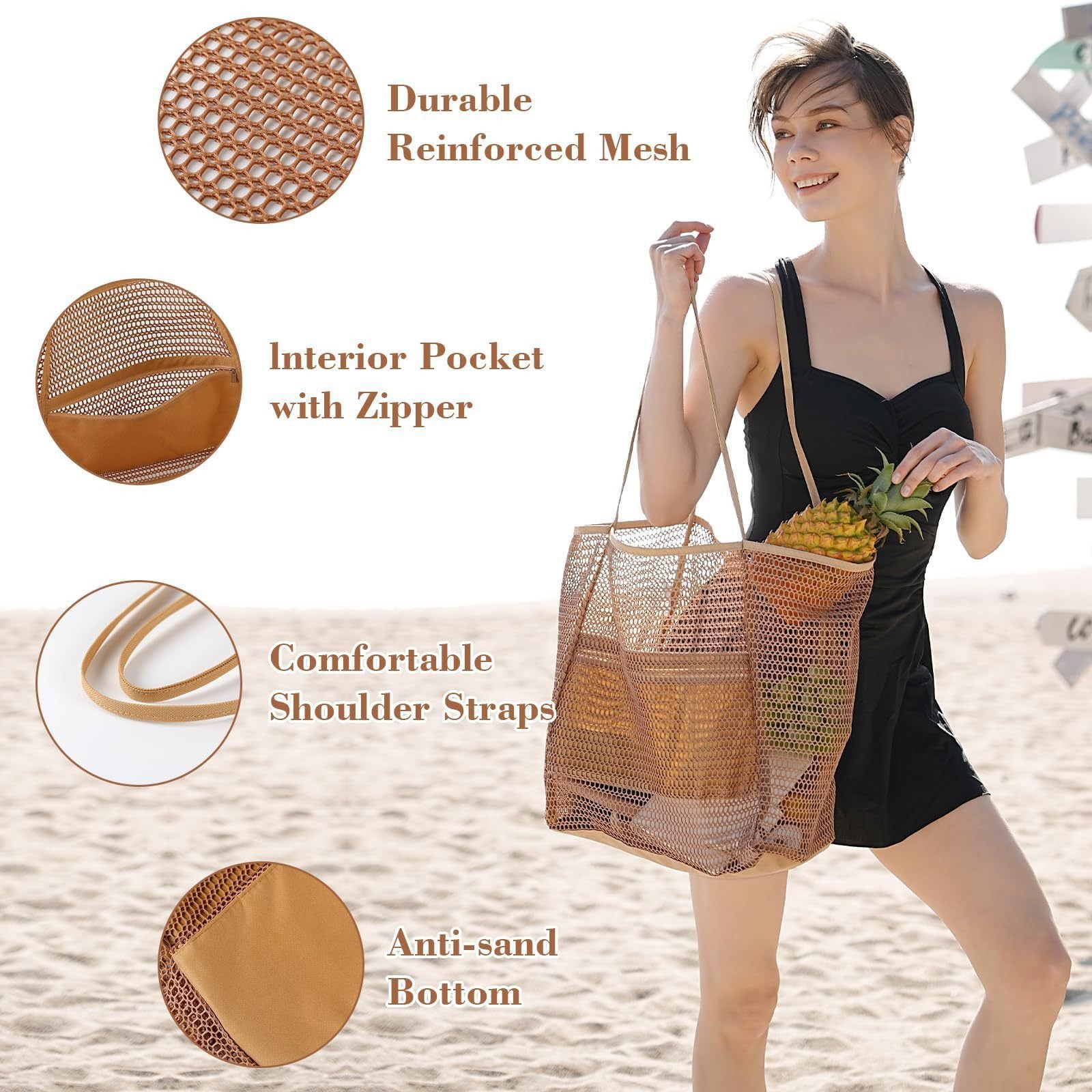 Foldable Beach Bag With Mesh Fabric And Carrying Handles.