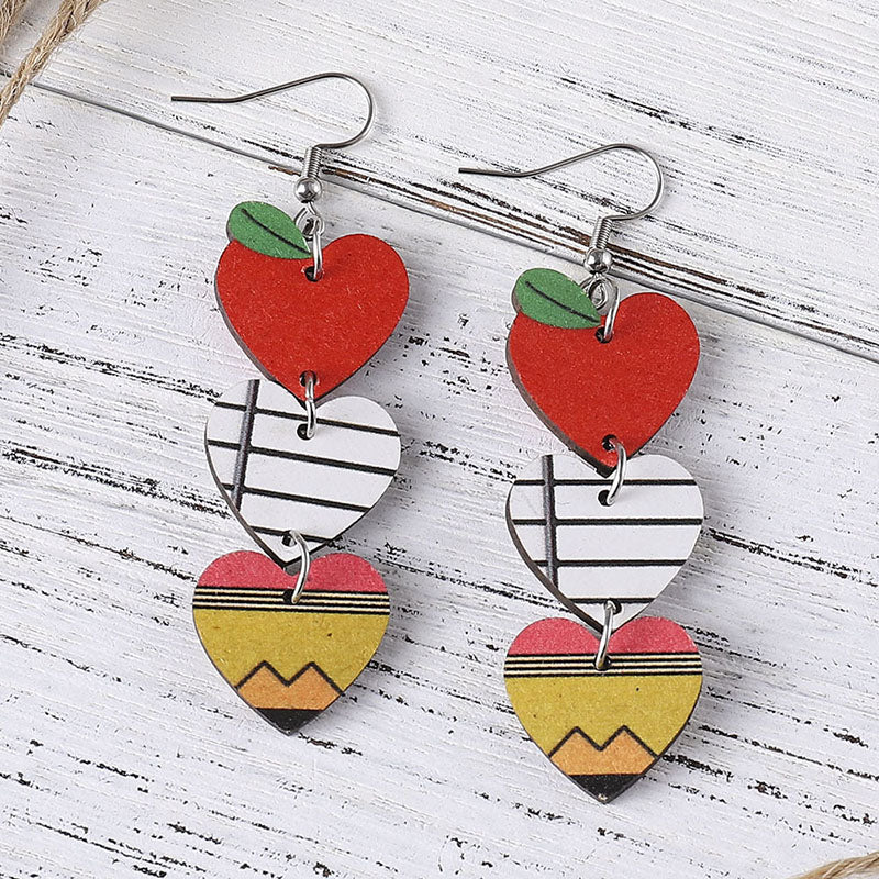 Teacher'S Day Apple Book Pencil Heart Tassel Earrings