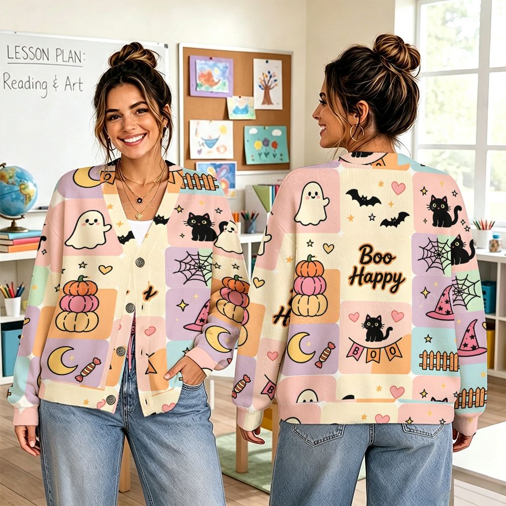 Pink Pumpkin Ghost Teacher Sweater-Style Cardigan
