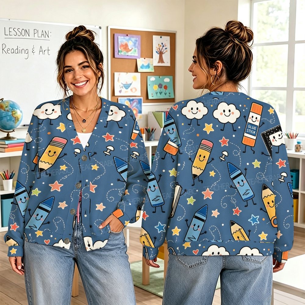 Blue Star Crayon  Teacher Sweater-Style Cardigan