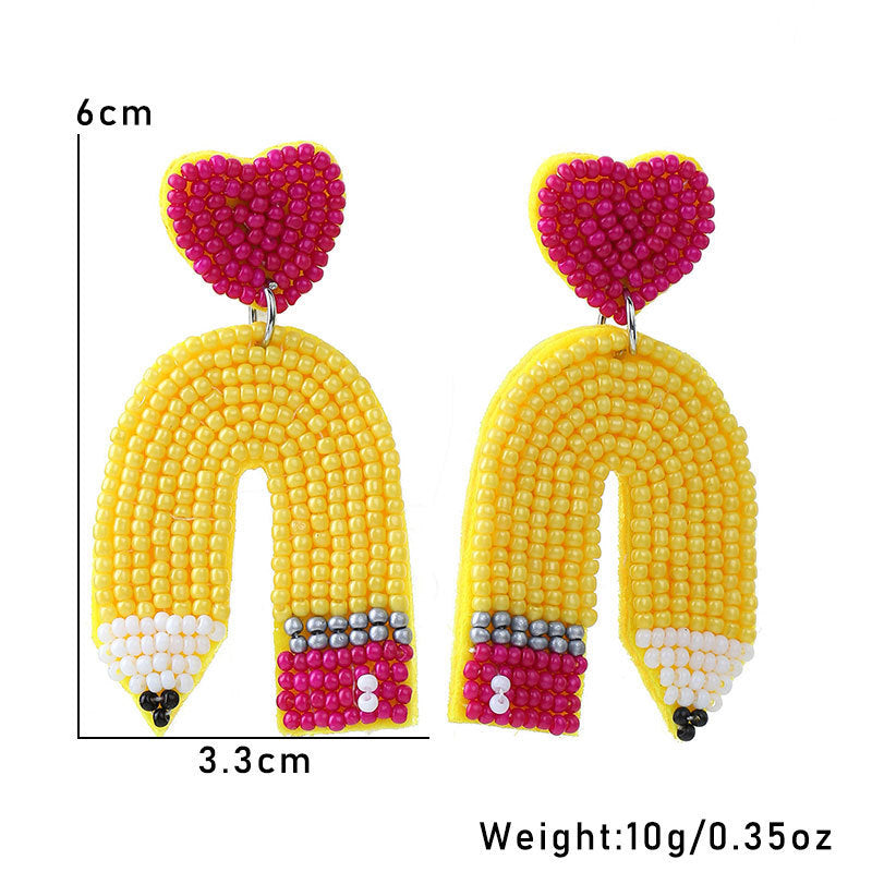 Handmade Beaded Glass Seed Bead Heart Pencil Earrings