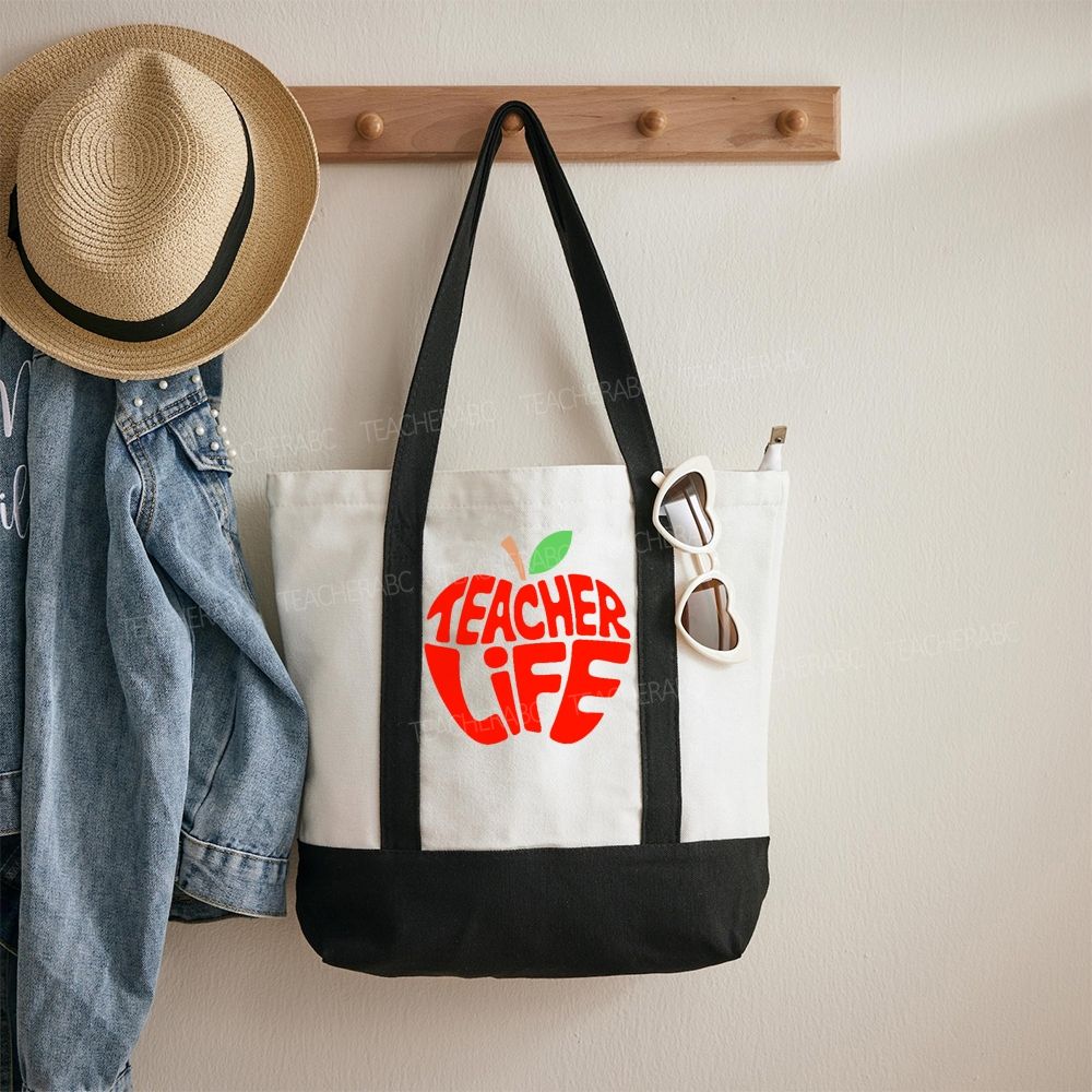 Teacher Life Apple  Color-blocked Canvas Bag