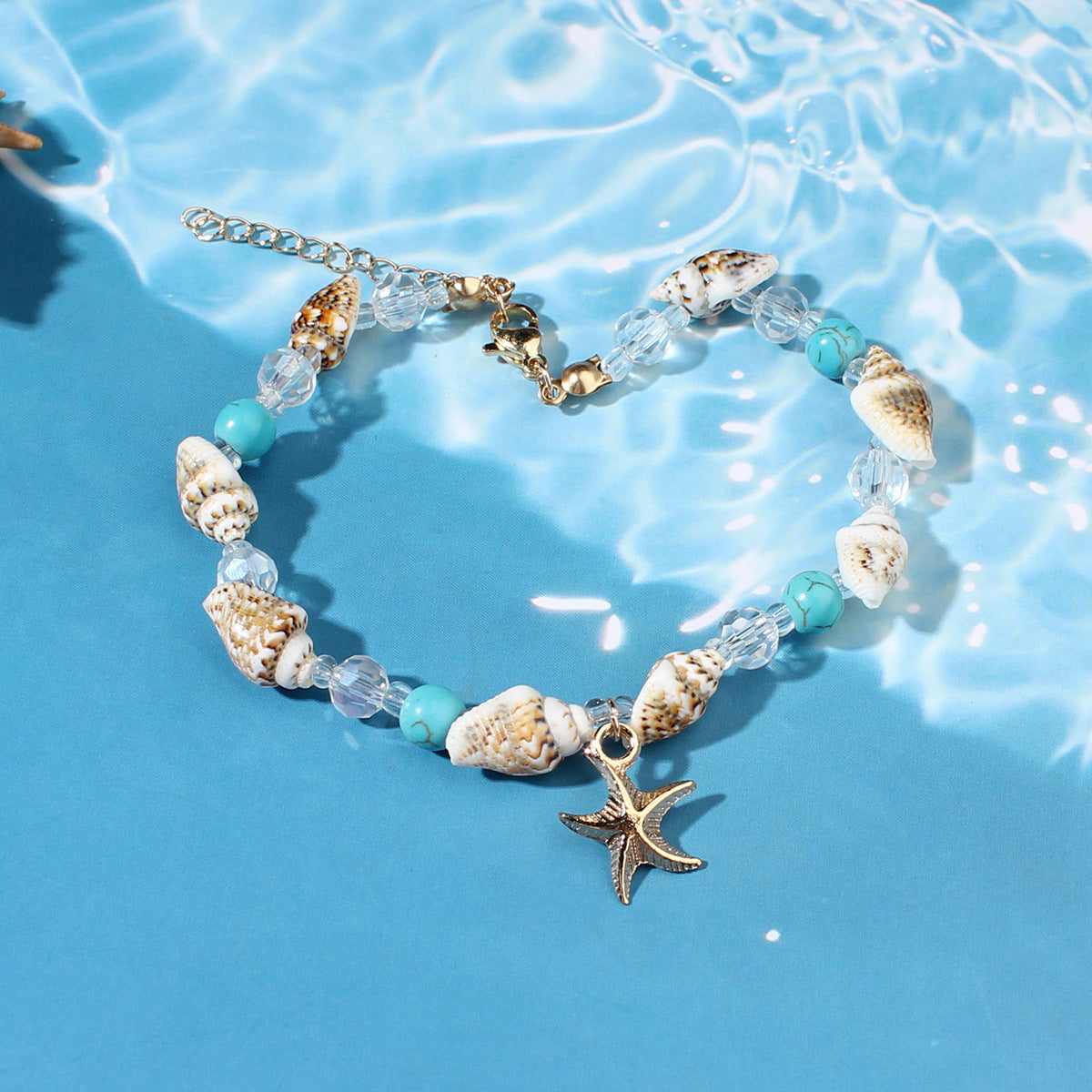 Starfish Conch  Blue Bead  And Seed Bead Necklace & Bracelet Set