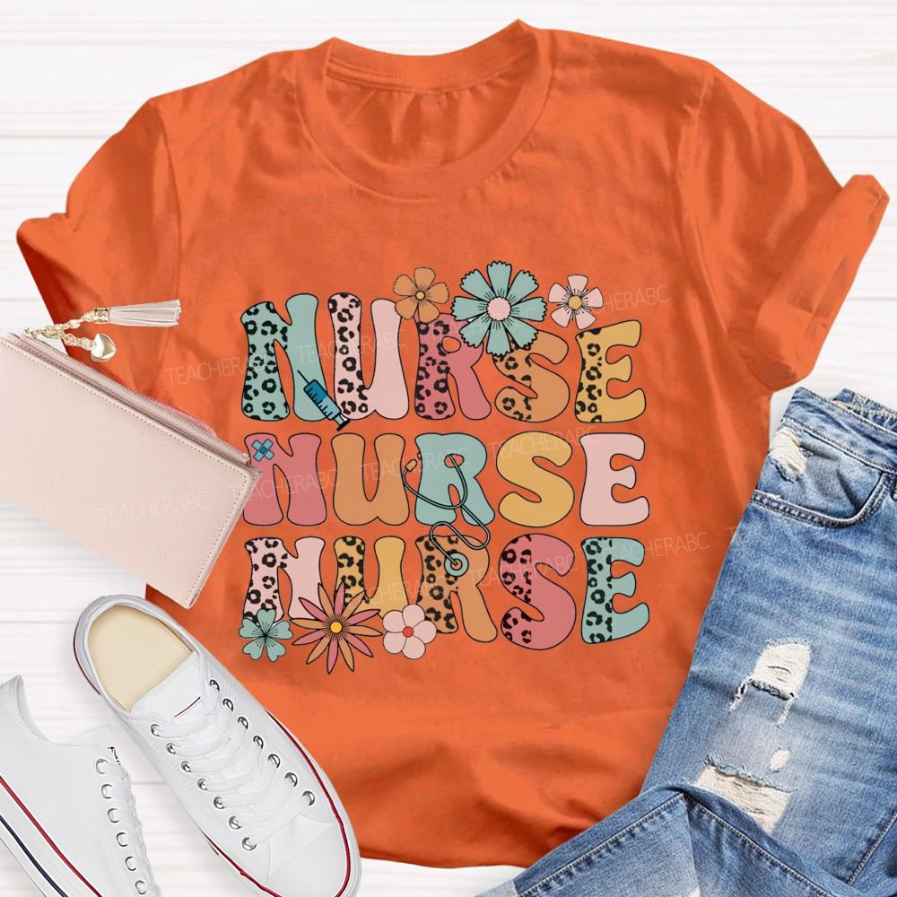 School Nurse Leopard Printed Flower Teacher T-Shirt