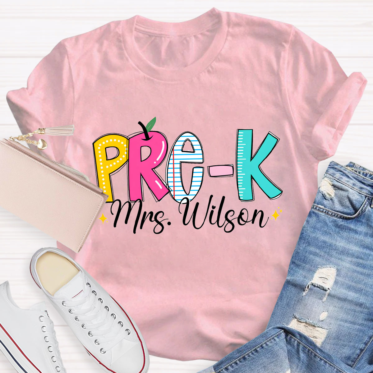 Personalized Grade And Teacher Name Apple Ruler Printed T-Shirt