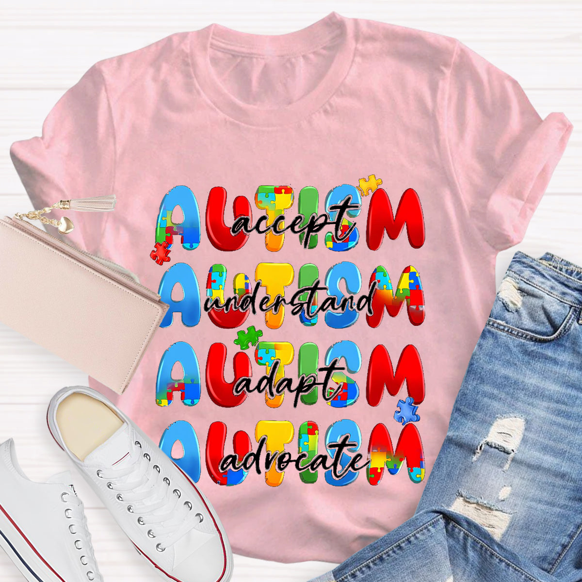 Autism Accept Advocate Adapt Teacher T-Shirt