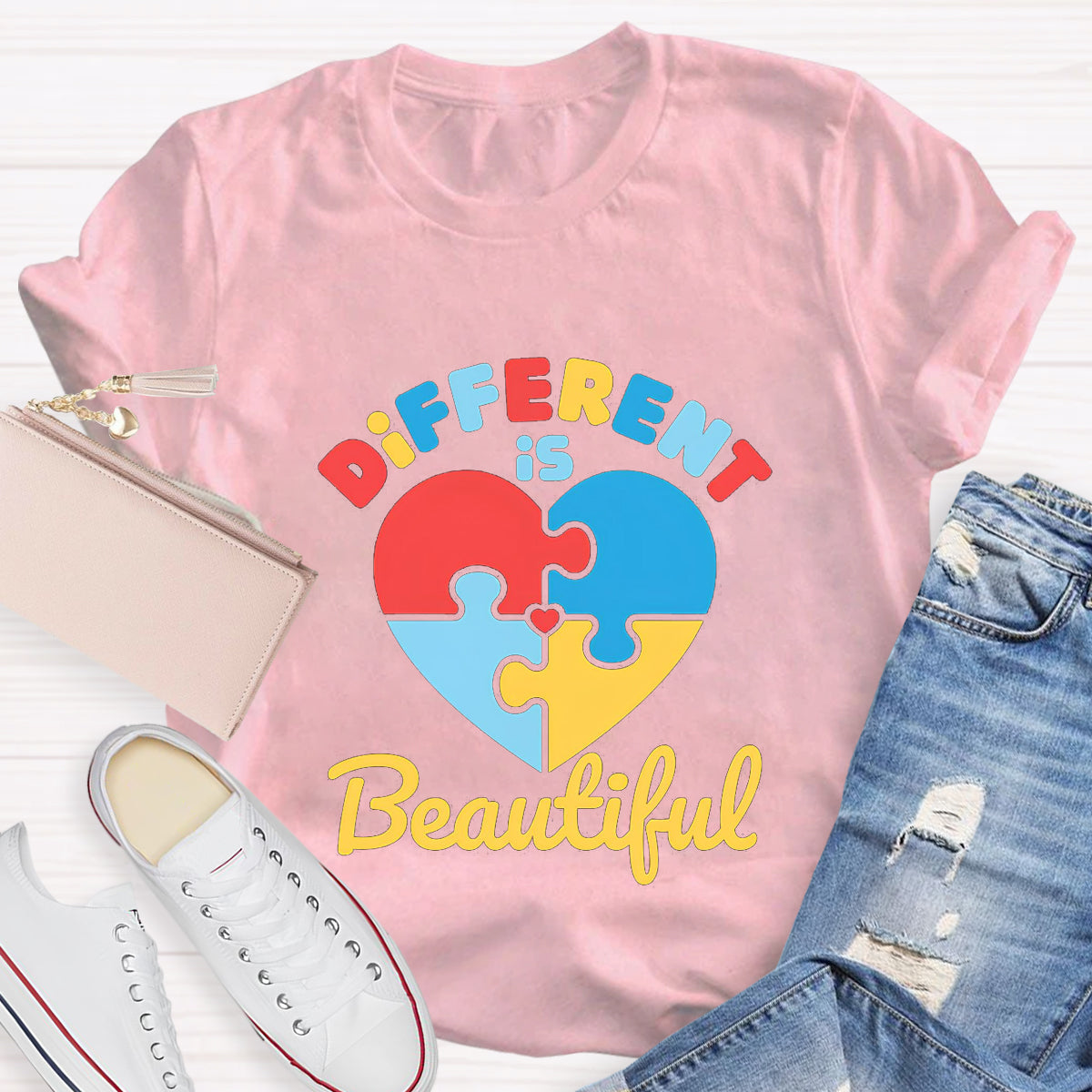 Different Is Beautiful Colorful Heart Teacher T-Shirt
