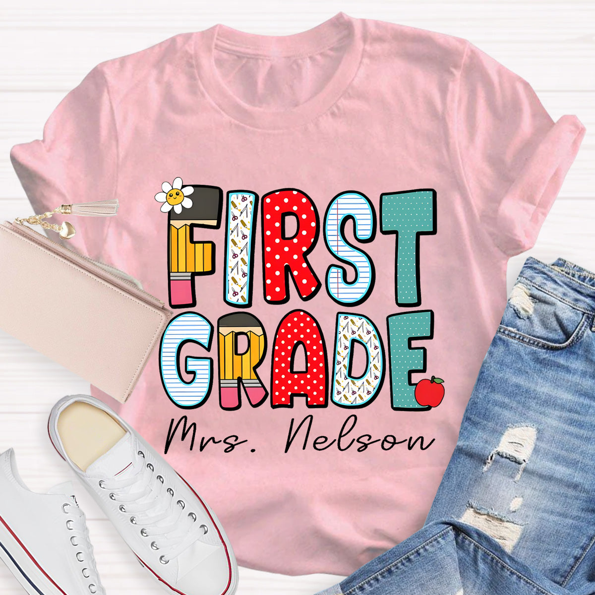 Personalized Grade And Name Back To School Dot Printed Teacher T-Shirt