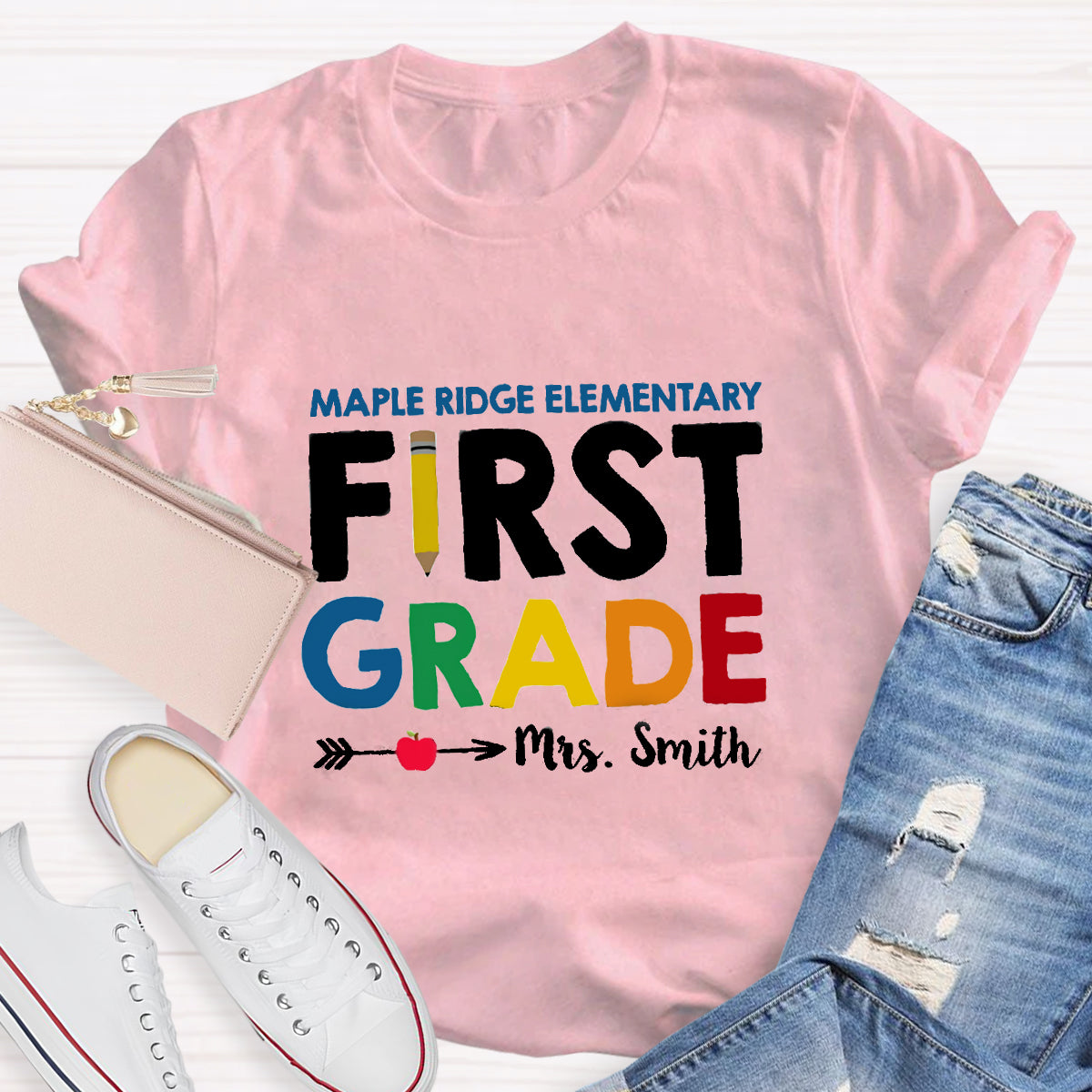 Personalized School Name Grade And Teacher Name Pencil Apple Heart T-Shirt