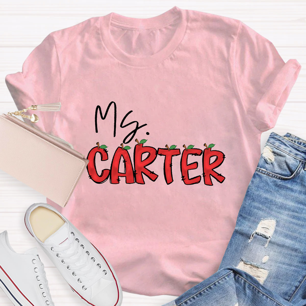 Personalized Teacher's Name Red Apple Letter  T-Shirt