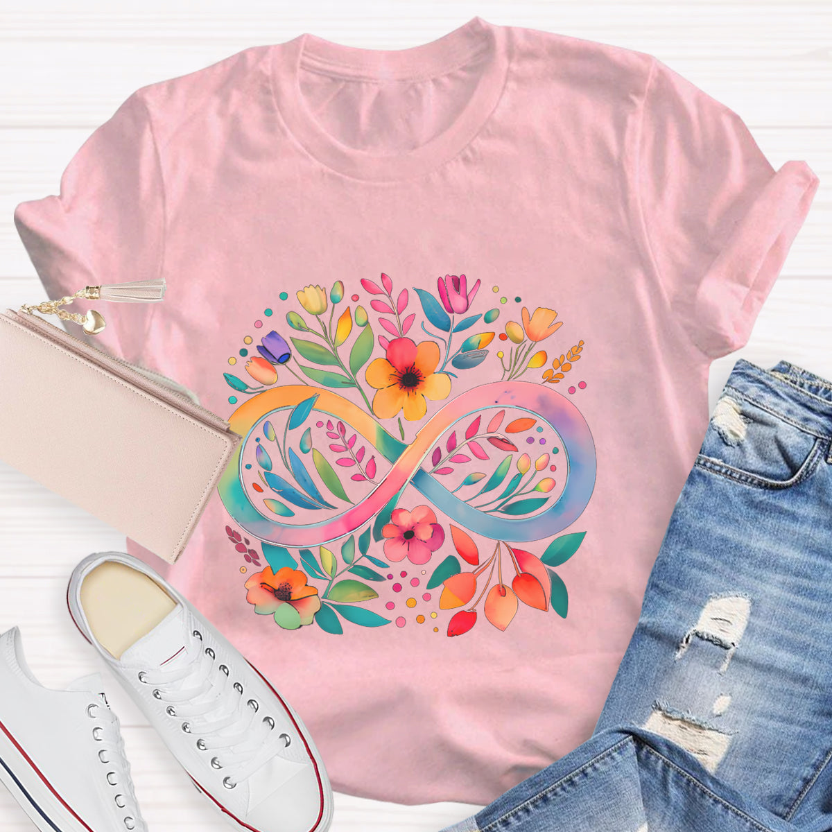 Rainbow Infinity Watercolor Flowers Teacher T-Shirt