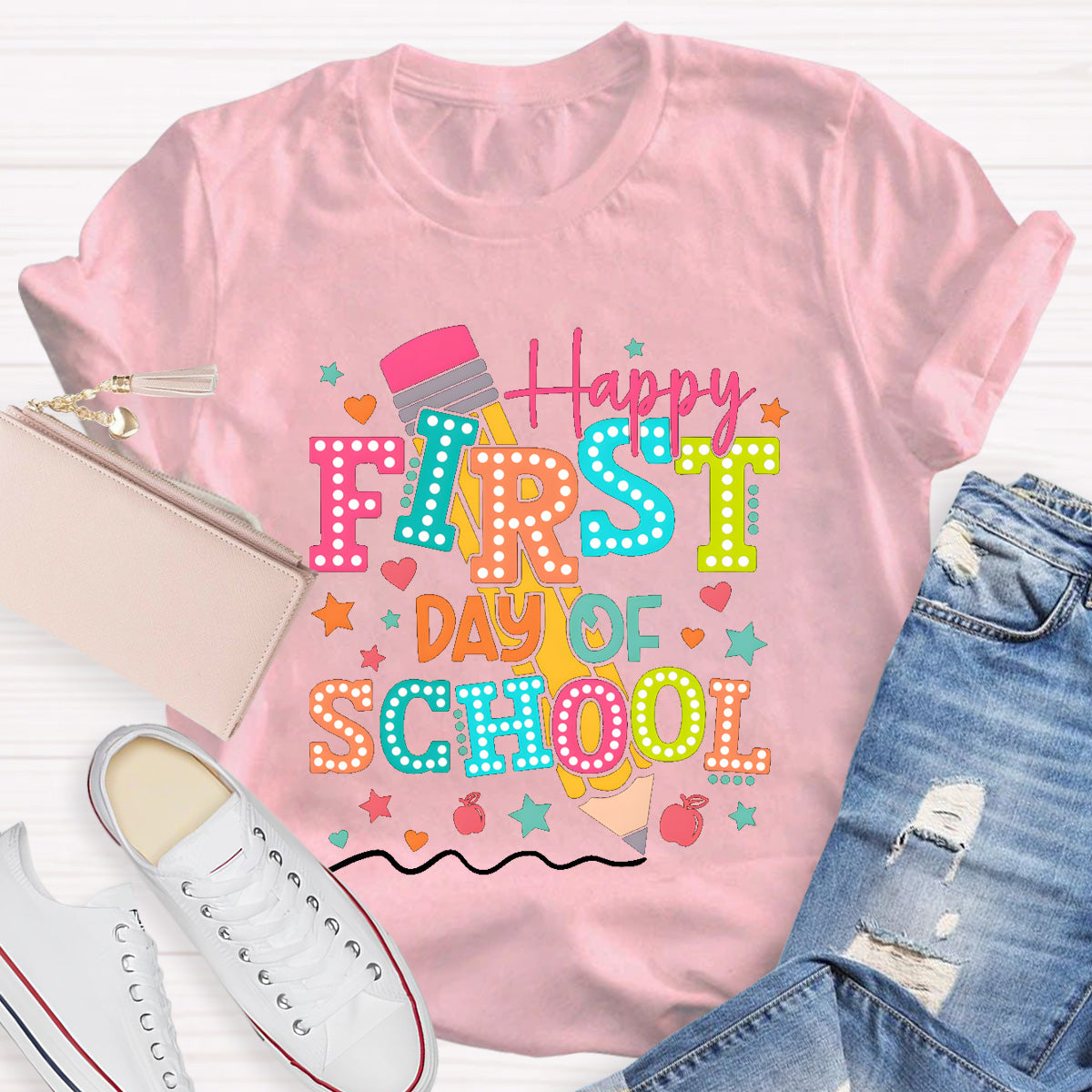 Pencil Dot Happy First Day Of School Teacher T-Shirt