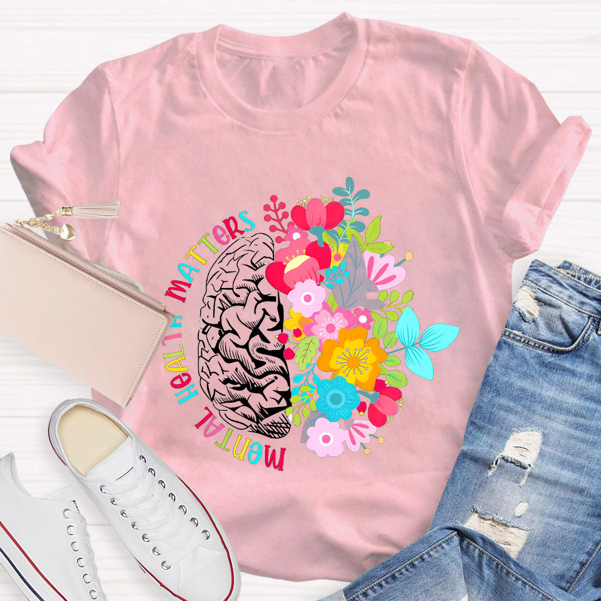 Mental Health Matters Floral Brain Teacher T-Shirt