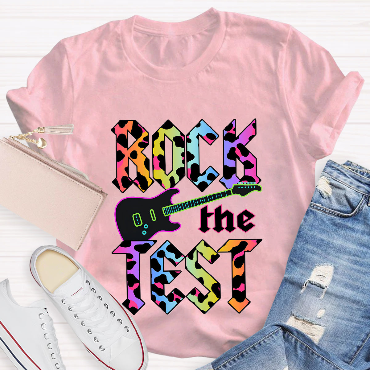 Rock The Test Colorful Leopard Print Teacher T-Shirt