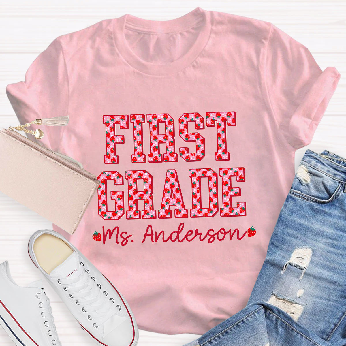 Personalized Grade And Name Strawberry Printed Teacher T-Shirt
