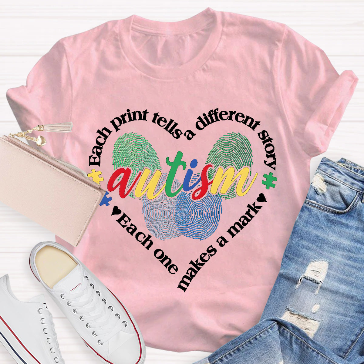 Each Print Tells A Different Story Autism Heart Teacher T-Shirt