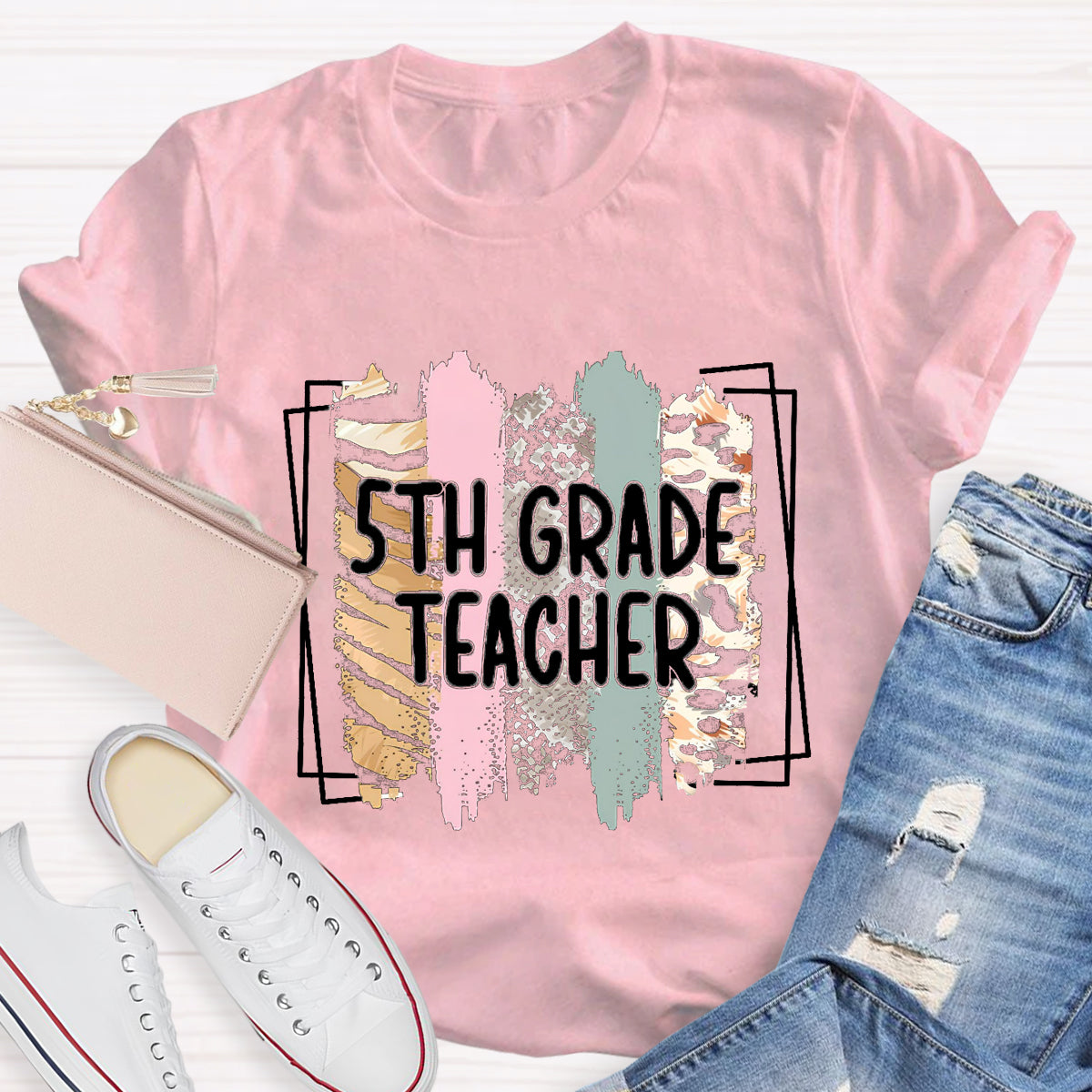 Personalized Grade Color Block 5th Grade Teacher T-Shirt