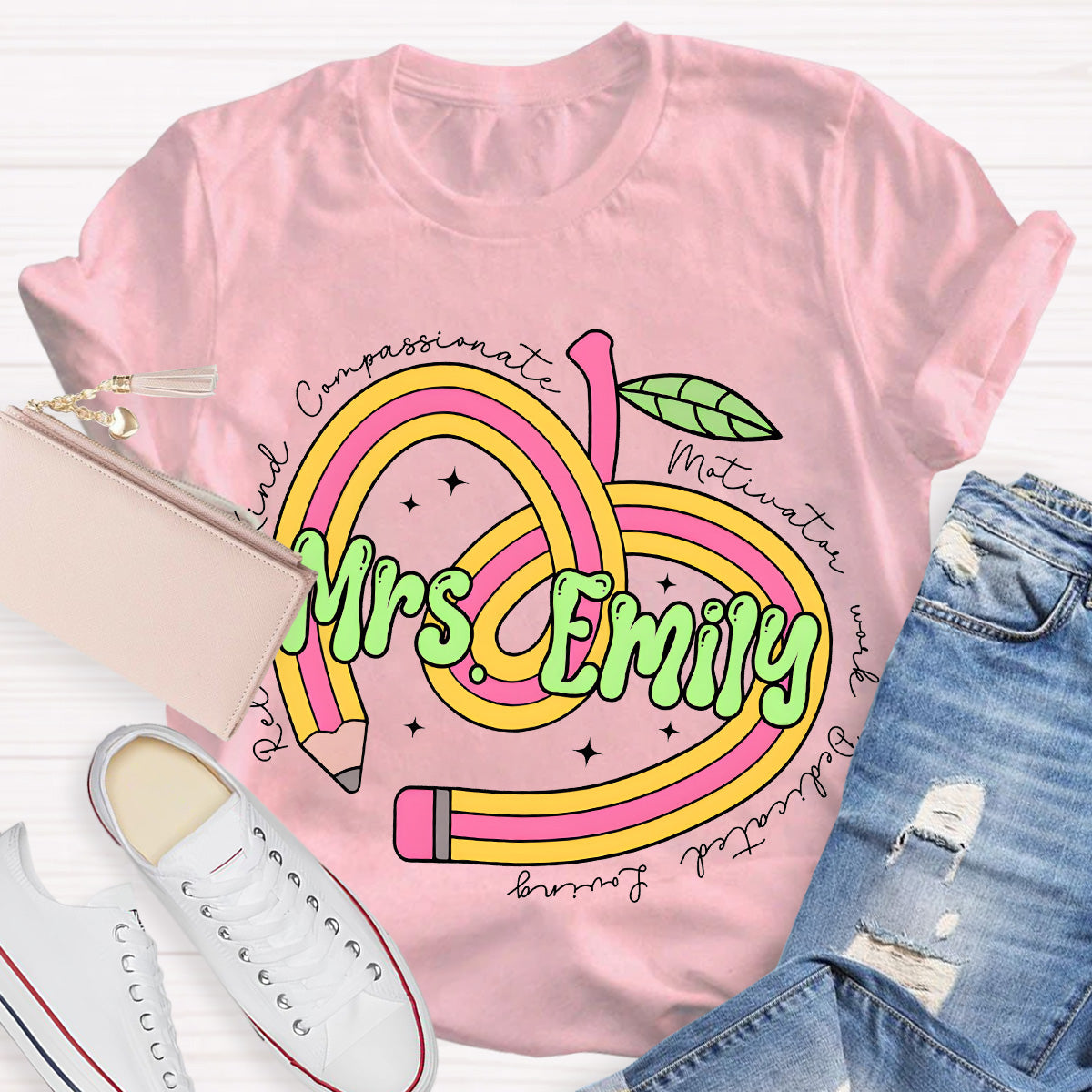 Personalize Name Reliable Kind Compassionate Pink Apple Teacher T-Shirt
