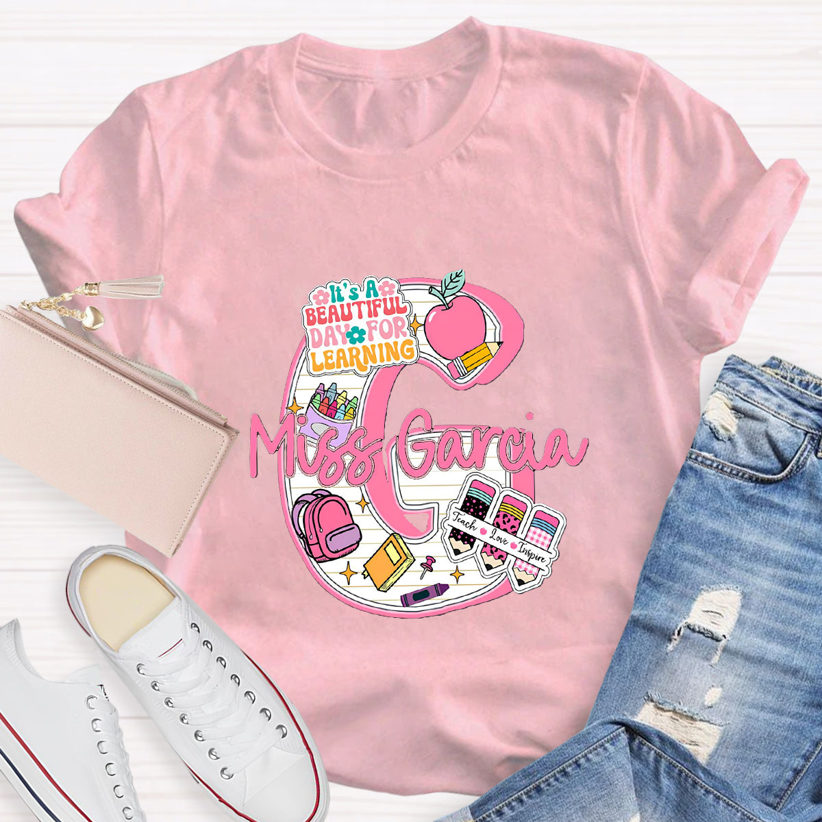 Personalized Name It's A Beautiful Day For Learning Teacher T-Shirt