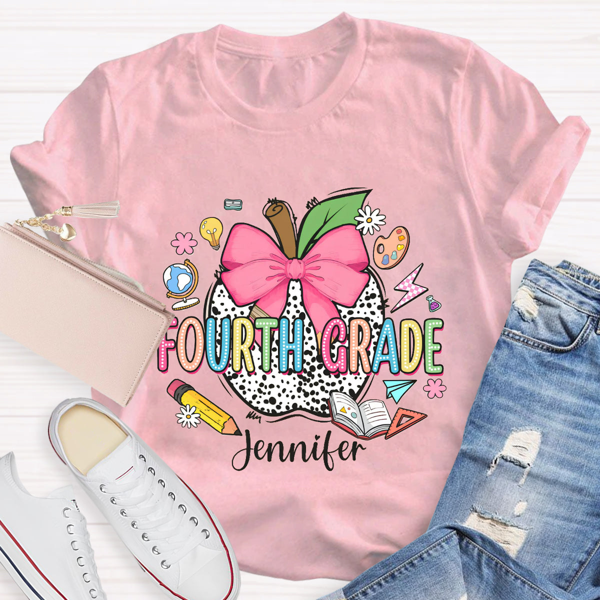 Personalized Teacher Name And Grade leopard print Apple T-Shirt