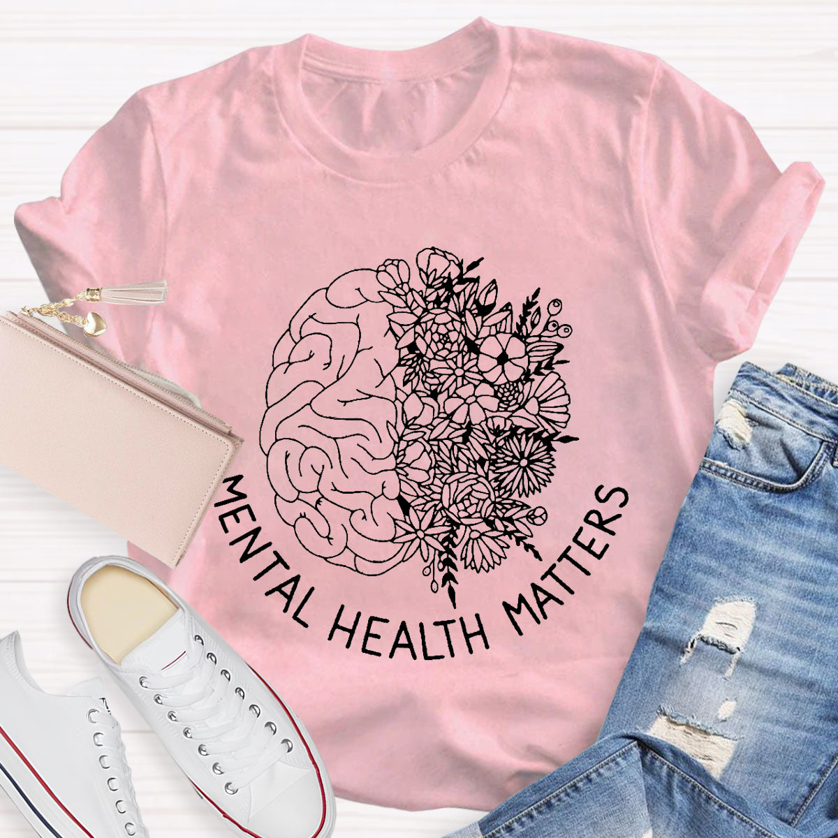 Floral Brain Mental Health Matters Teacher T-Shirt