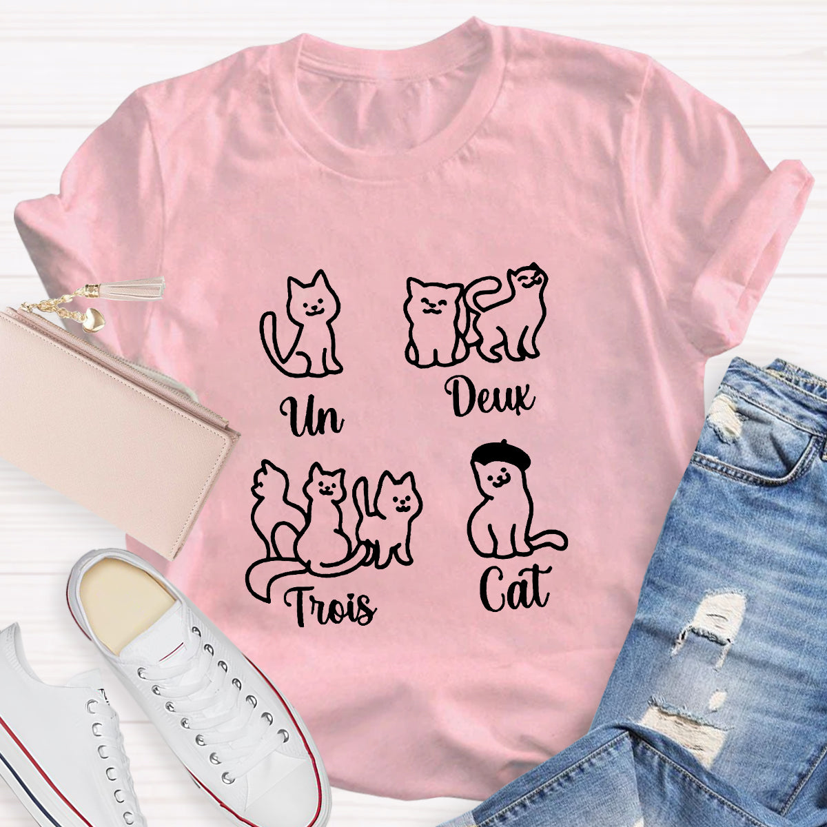 Un Deux Trois Cat French Numbers Cute Cat French Teacher T-Shirt