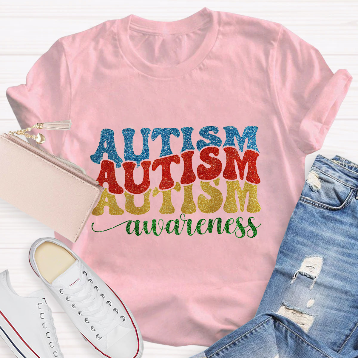 Rainbow Colors Glitter Autism Awareness T-Shirt