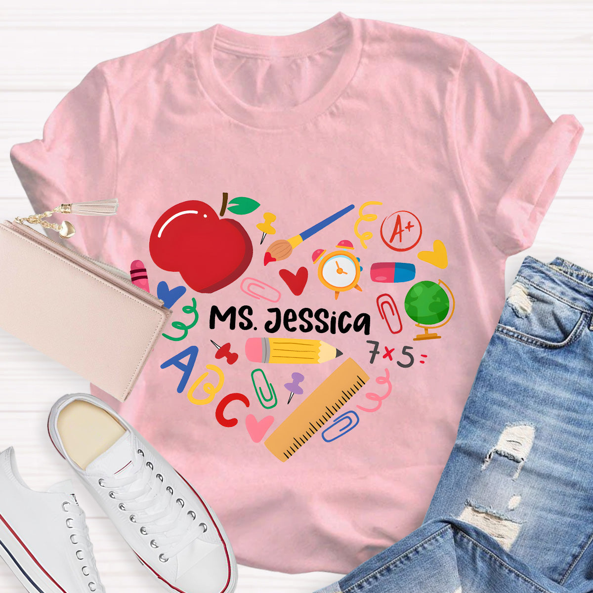 Personalized Name Apple And Heart Teacher T-Shirt