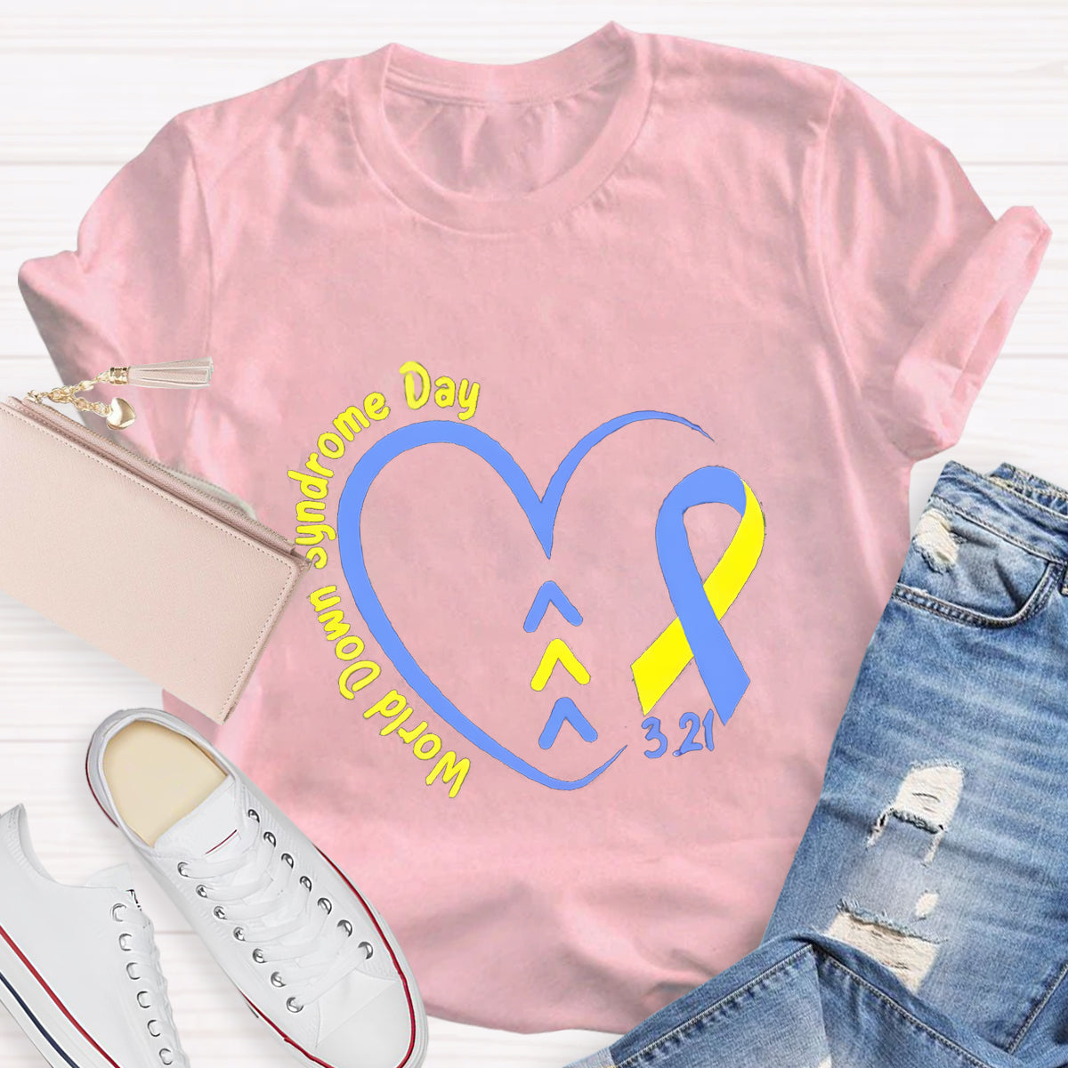 Down Syndrome Day Blue Heart Teacher T-Shirt