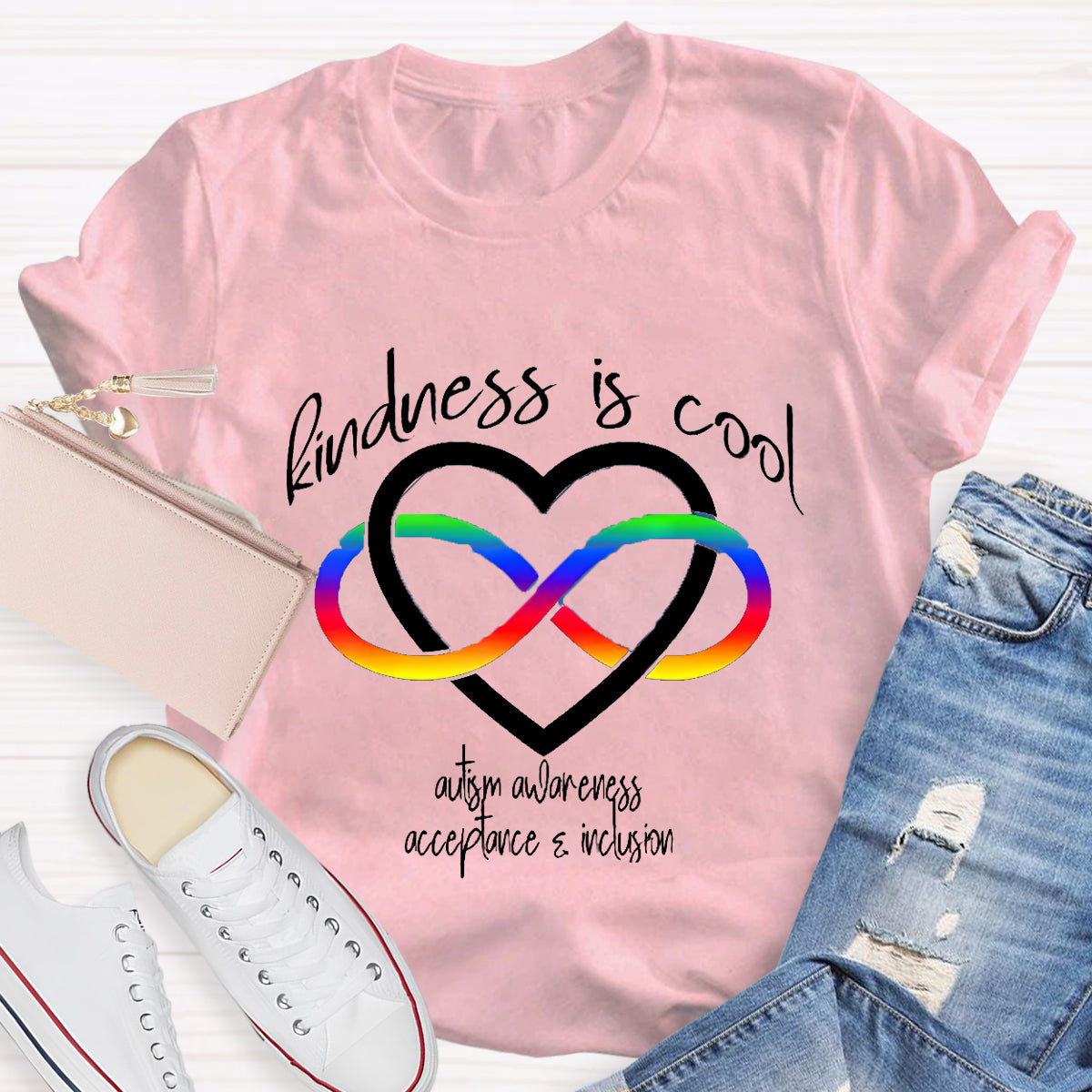 Kindness is Cool Autism Infinity Heart Rainbow T-Shirt