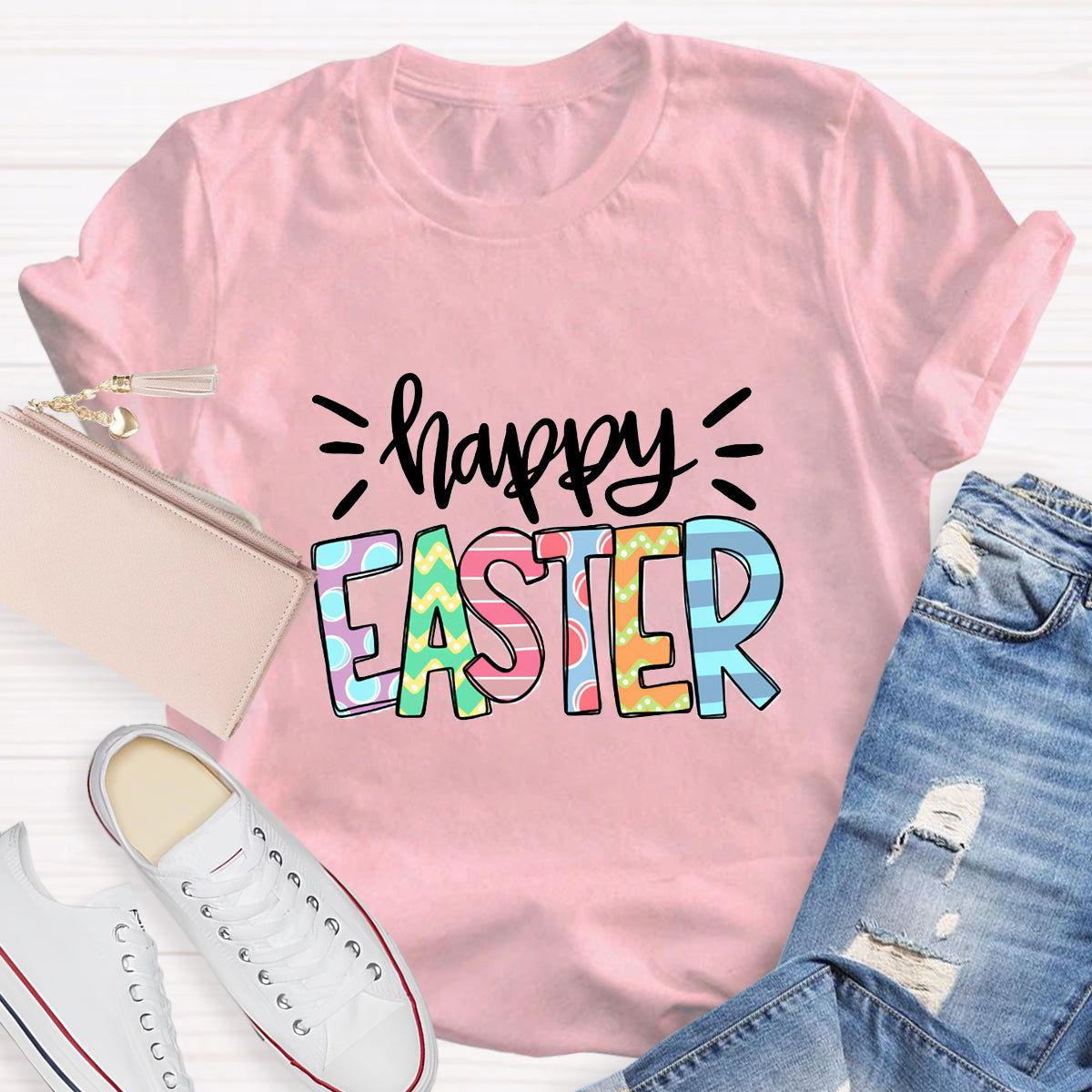 Happy Easter Colorful Printed Teacher T-Shirt