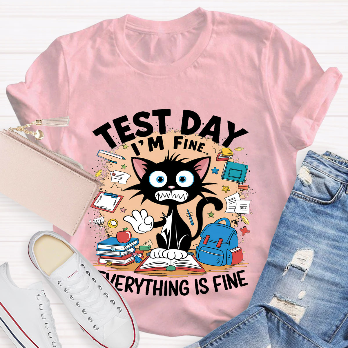 Everything Is Fun Test Day Funny Cat Teacher T-Shirt