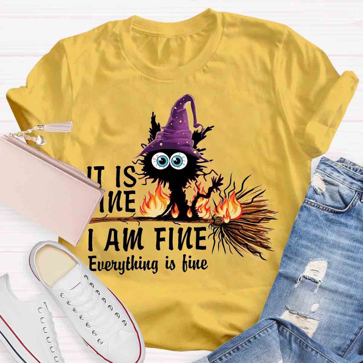 It is Fine I am Fine Halloween Mood Burnt Witch Cat Teacher T-Shirt