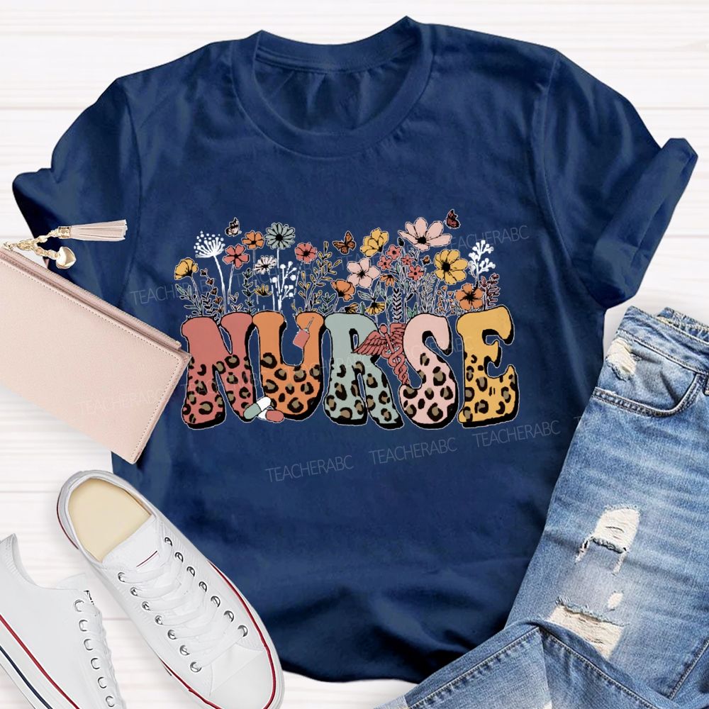 Floral Leopard School Nurse Teacher T-Shirt