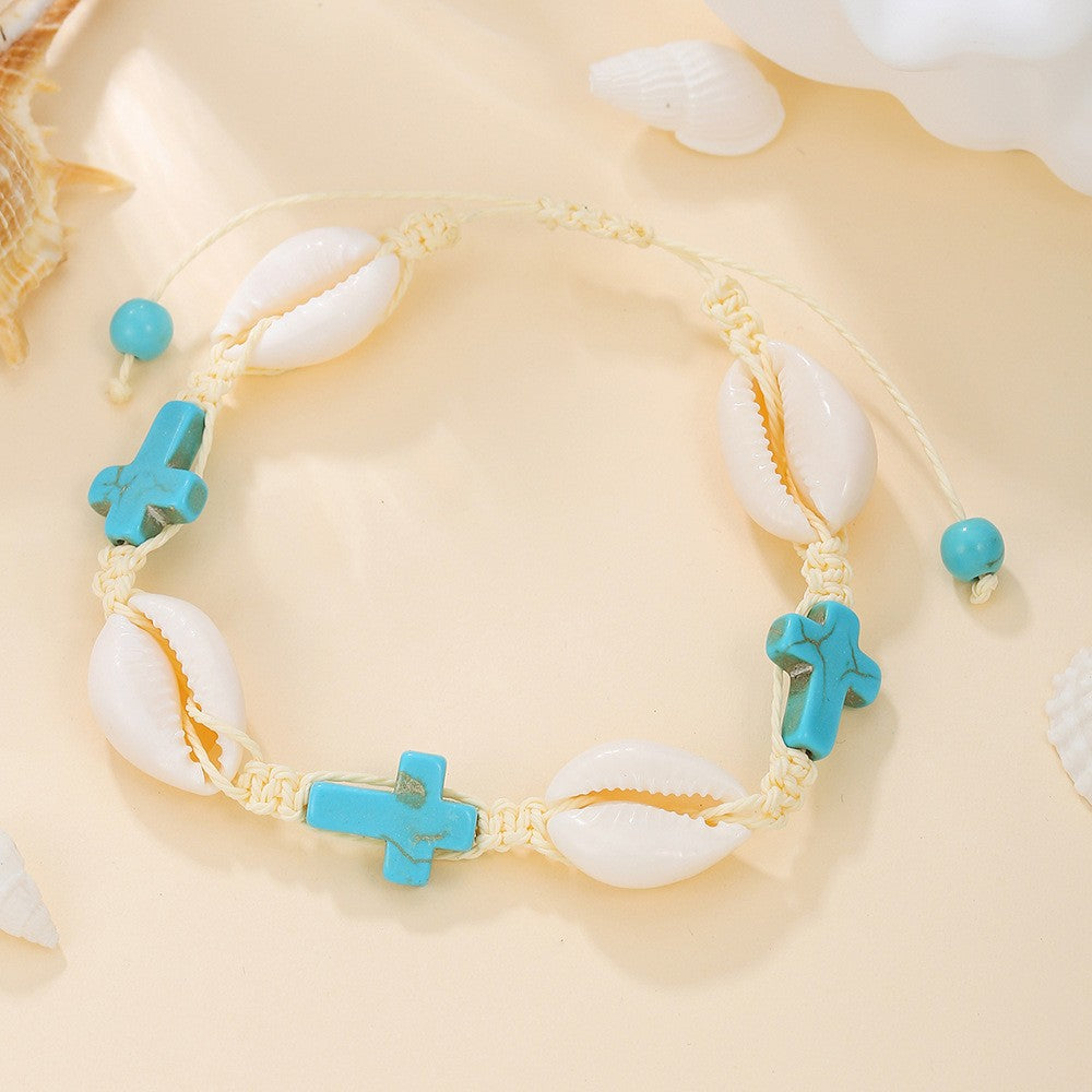 Minimalist Vacation-Style Beaded Bracelet — Featuring Shell Pendant Crushed Stones  And Faux Pearls