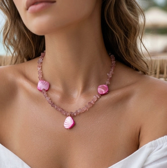 Dopamine-Style Natural Stone Beaded Necklace With Shell Pendant