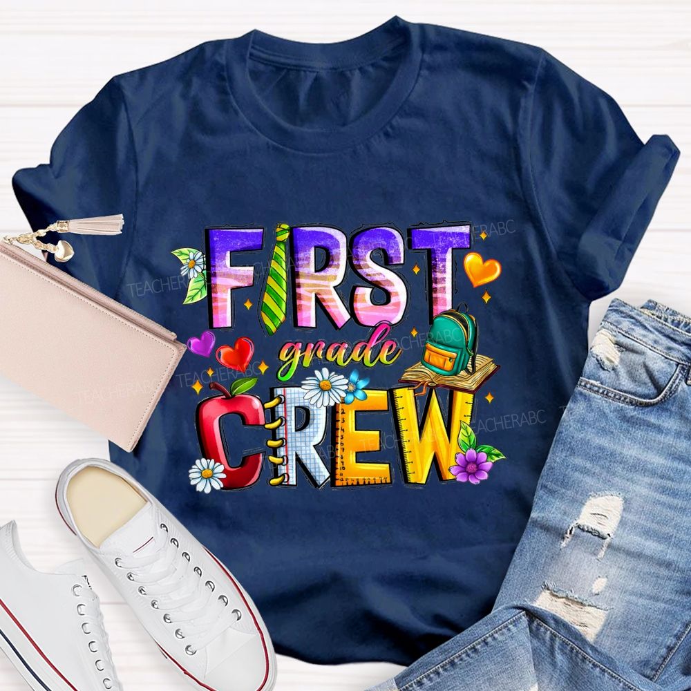Personalized Grade First Grade Crew Apple Heart  Teacher T-Shirt