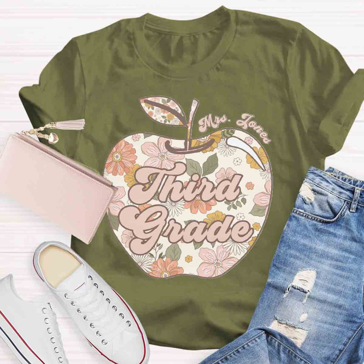 Personalized Grade And Name Apple Floral Teacher T-Shirt