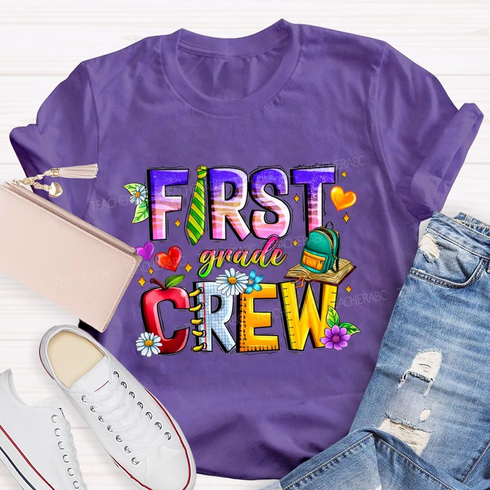 Personalized Grade First Grade Crew Apple Heart  Teacher T-Shirt