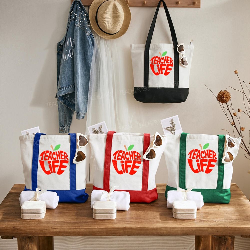 Teacher Life Apple  Color-blocked Canvas Bag