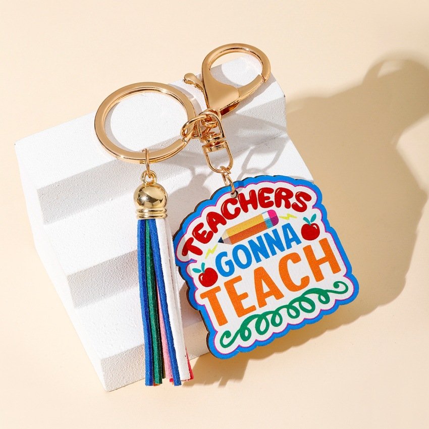 Rainbow Wooden Plaque Tassel Keychain