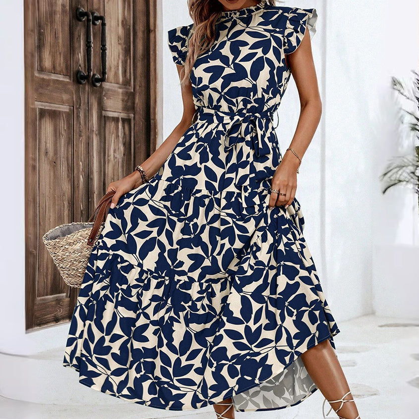 Ruffled Trim Flutter Sleeves Tie-Up Detail Printed Fairy Dress