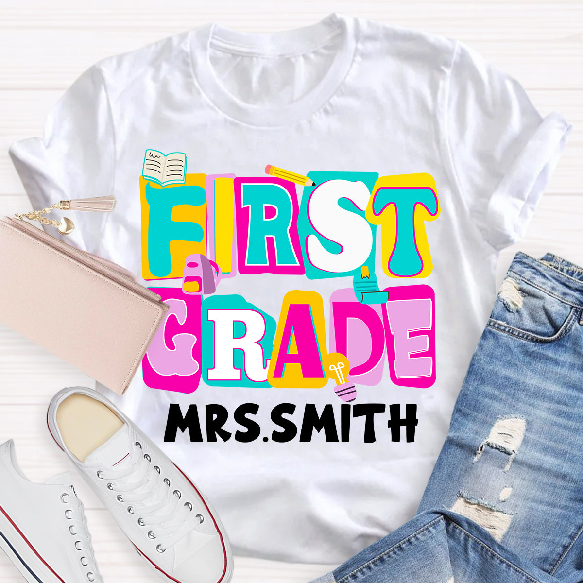 Personalized Grade And Name Colorful Letter Squad Pencil Teacher T-shirt