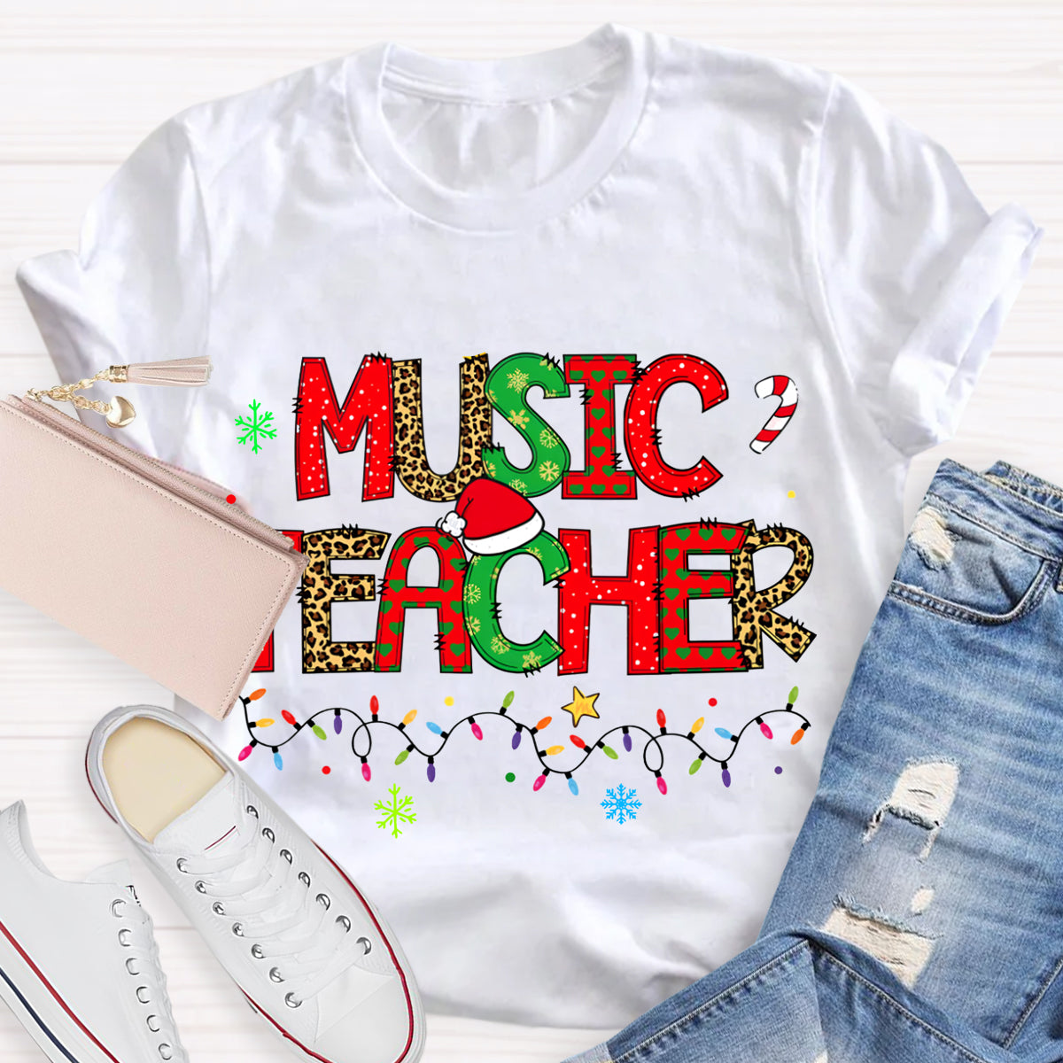 Music Teacher Christmas Lights And Colorful Fonts Christmas T-shirt