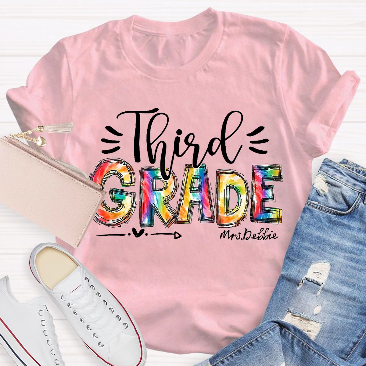 Personalized  Grade And Name Colorful Printed Teacher Back To School T-Shirt