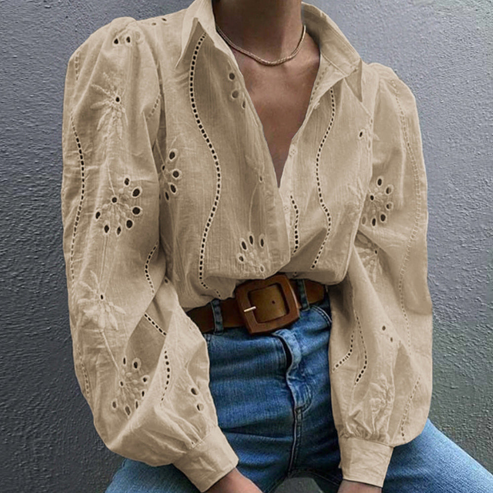Fashionable Openwork Puff Sleeve Cardigan Shirt