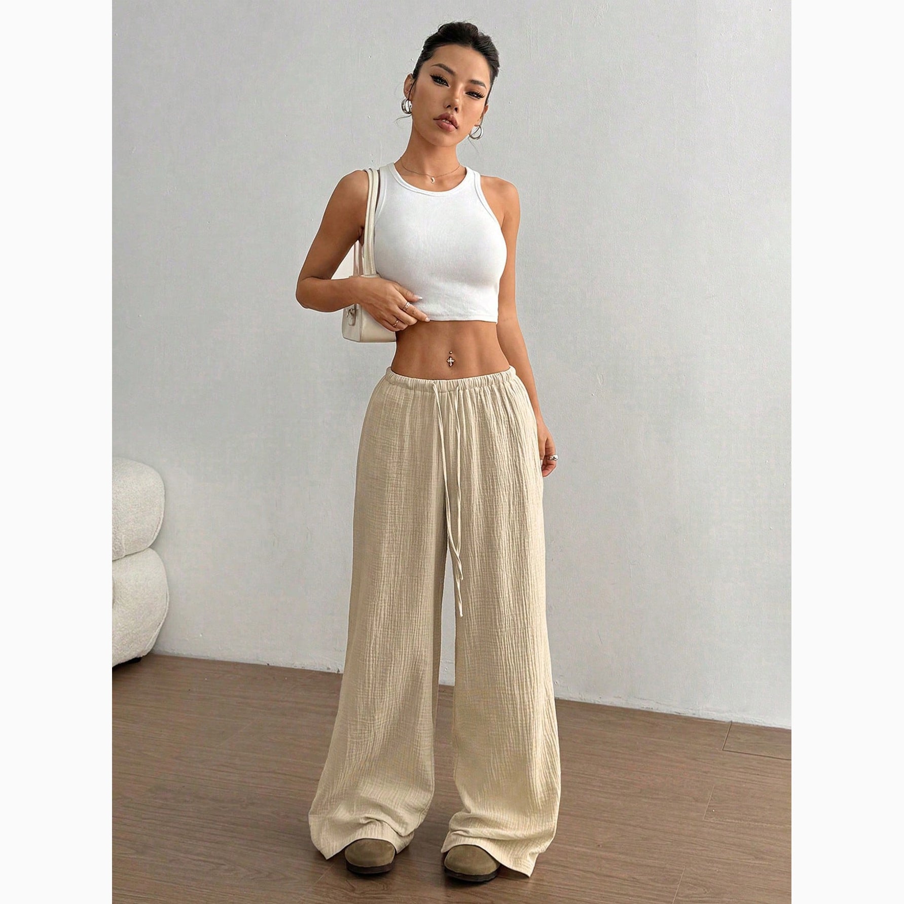 Casual Solid Color Loose Wide-Leg Floor-Length Trousers
