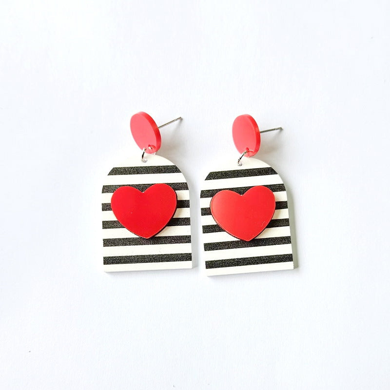 Houndstooth Black And White Striped Pink Heart Earrings